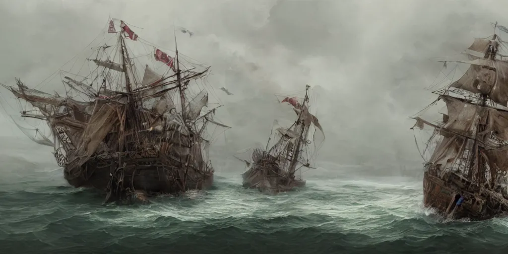 Image similar to there once was a ship that put to sea, the name of the ship was the billy of tea, the winds blew up, her bow dipped down, oh blow, my bully boys, blow by alan lee, intricate, highly detailed, digital painting, artstation, concept art, smooth, sharp focus, illustration, vfx