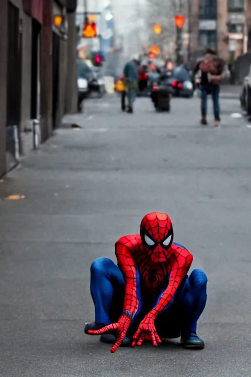 Image similar to cinematic still of spiderman homeless