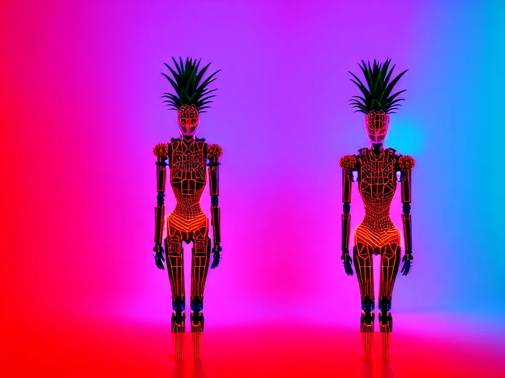 Image similar to beautiful tall female robot printed with red and black 3 d geometrical neon facing a doorway opening with neon pink geometric fractal light + a portal to a vaporwave world, flowering pineapples, transcendent, clean linework, dramatic, finely detailed, 4 k, trending on artstation, photorealistic, volumetric lighting, octane render