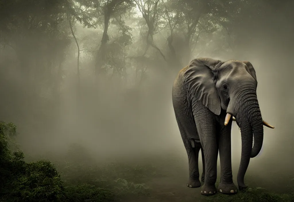 Prompt: an elephant king, his trunk is a long tentacle, in a jungle with ominous light from above, ambient light, fog, river