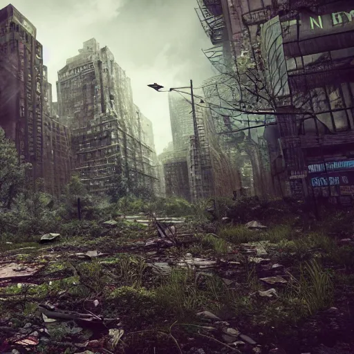 Prompt: Overgrown New York City, post apocalyptic, abandoned, digital art, 4k, high quality render, unreal engine, trending on artstation