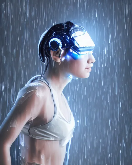 Prompt: photo of female dancer as a cyberpunk mecha humanoid robotic head shoulder parts with straight bright led lights, under heavy rain, wet skin with water dripping down face, ultra - realistic and detailed, 8 k