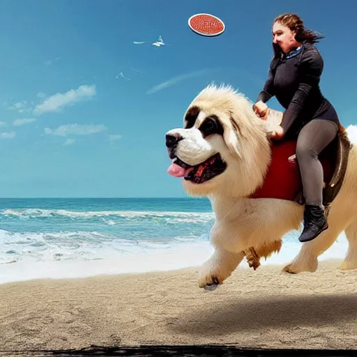 Image similar to girl riding a giant saint Bernard at the beach catching a frisbee, trending on artstation