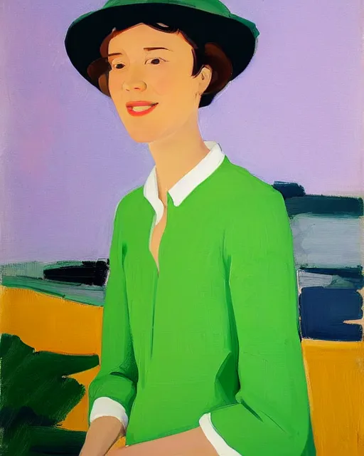 Prompt: portrait of a smiling young woman with sun hat, short hair, light background, colorful, peaceful, by alex katz, close up