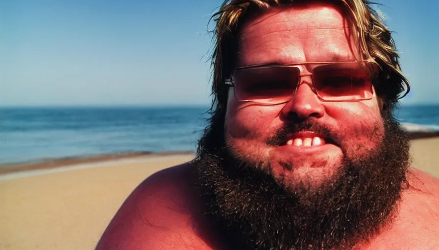 Prompt: far view, extremely fat obese brad pitt with long beard, wearing dirty overalls, dirty greasy face, on the beach, grin, portrait, close up, kodak gold 2 0 0, 5 0 mm,