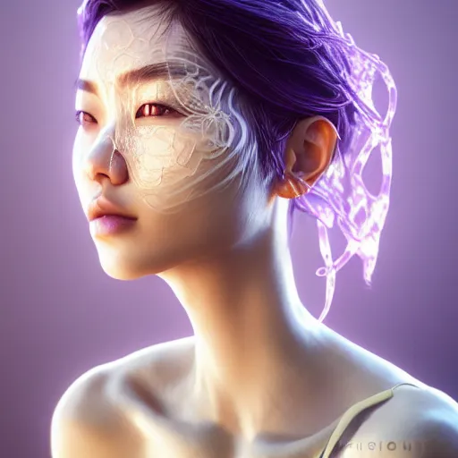 Prompt: intricate highly detailed face portrait of asian - european woman, light purple and mint water vines on her face, intricate, cgsociety, unreal engine, octane render, sharp focus, smooth, volumetric lighting, cinematic composition, artstation