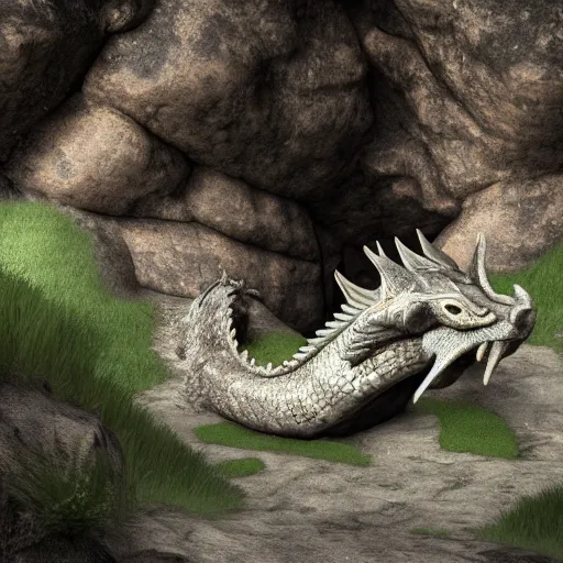 Prompt: dragon at the entrance to a mountain cave, sharp, realistic render