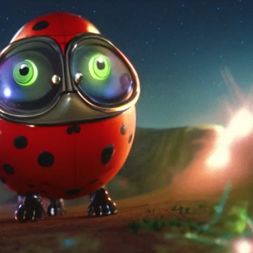 Image similar to film still, baby evil ladybugs, ladybug quadruped with big rgb eyes, huge ladybug mothership, epic road - trip, dramatic lighting, ( e. t. the extra - terrestrial ), batteries not included, harry potter, imax, 7 0 mm.