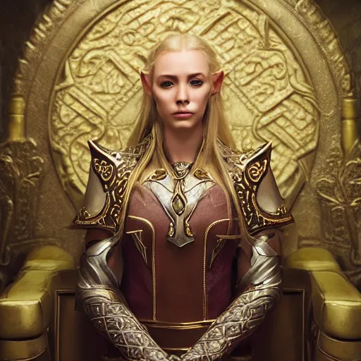 Image similar to the elder scrolls vi, charismatic regal blonde high elf female jarl, portrait, exquisitely designed throne room, atmospheric lighting, painted, intricate, volumetric lighting, beautiful, daytime, sunny weather, slight overcast, sharp focus, deep colours, ultra detailed, by leesha hannigan, ross tran, thierry doizon, kai carpenter, ignacio fernandez rios