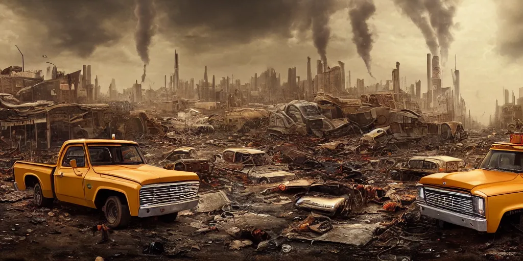 Image similar to 1970s photography a truck driver wearing a cap sitting next to his colorful truck in a apocalyptic wasteland, tornado and apocalyptic city in the background, detailed intricate insanely detailed octane render, 8k artistic photography, photorealistic, chiaroscuro, hd, by David Cronenberg, Raphael, Caravaggio