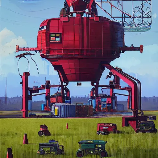 Prompt: agricultural machinery taking over the world, machine revolution, art by alex jay brady, art by simon stalenhag