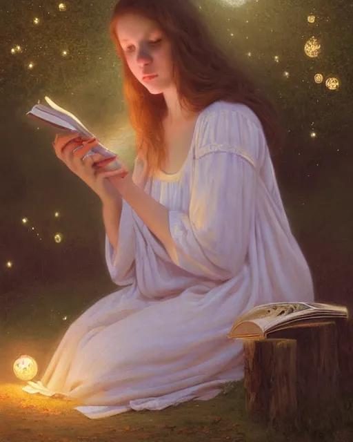 Image similar to a girl in white nightgown reading a book by the river, a full moon on the horizon, dark starry sky, golden orbs and fireflies, illustration, dramatic lighting, painting oil on canvas, art nouveau, 8 k, by edmund blair leighton, brom, charlie bowater, trending on artstation, faces by tom bagshaw, sargent