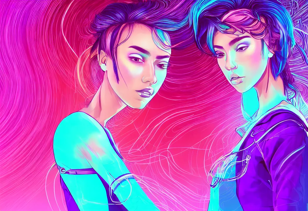 Image similar to a award winning half body portrait of a beautiful woman in a croptop and cargo pants with ombre purple pink teal hairstyle surrounded by whirling illuminated lines, outrun, vaporware, shaded flat illustration, digital art, trending on artstation, highly detailed, fine detail, intricate