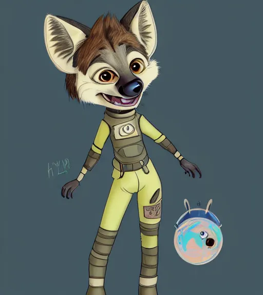 Image similar to digital detailed portrait of anthromorphic female hyena, in style of zootopia, fursona, furry, furaffinity, 4 k, deviantart, wearing astronaut outfit, in style of disney zootopia, floating in space, space background, in deep space, dark background, hyena fursona, cyberpunk, female, detailed face, style of artgerm,