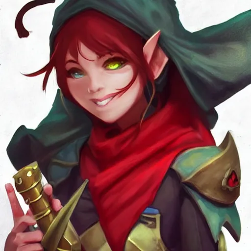 Image similar to Goblin Girl Dnd Character, cleric, red scarf, hatched pointed ears, Gold earring, illustration, expert, beautiful, artgerm, trending on artstation, by rossdraws