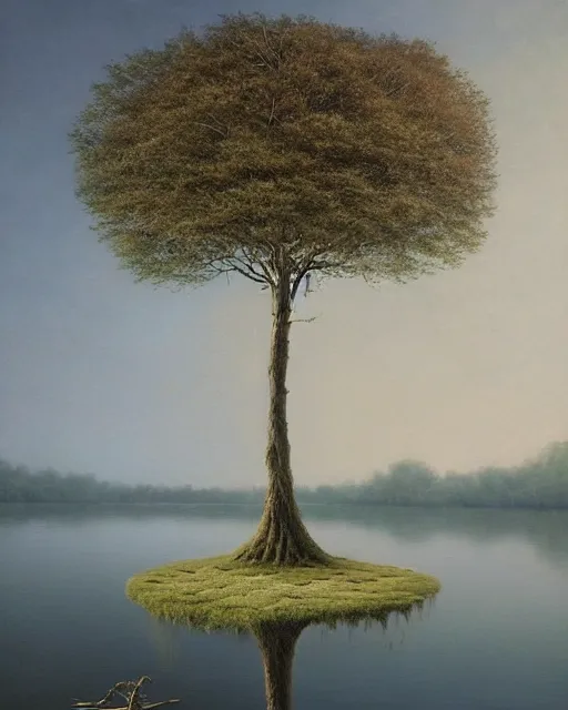 Image similar to a painting of a tree on a floating island, a surrealist painting by lee madgwick, deviantart, ecological art, oil on canvas, detailed painting, surrealist