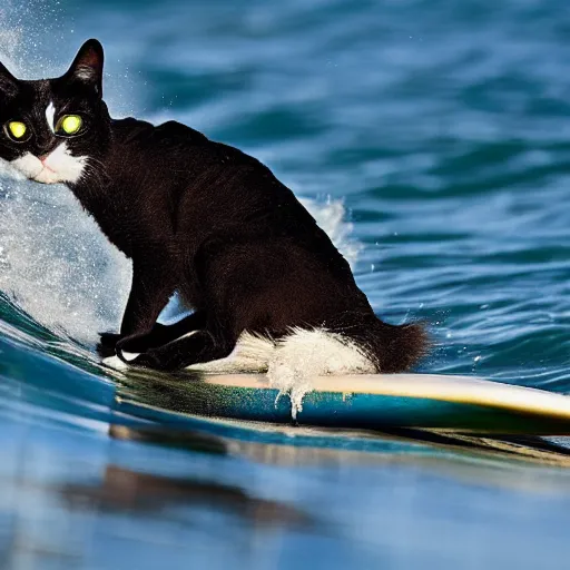 Prompt: an anthropomorphism cat by designed wayne westwood surfing a mega wave, photo taken from the shore, highly detailed photography, 3 0 0 mm, natural light, bokeh effect