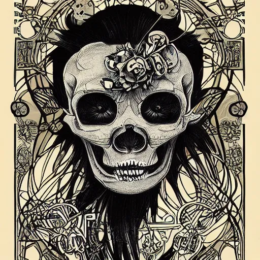 Image similar to manga skull portrait apes monkey profile skeleton illustration detailed style by James Jean Mucha pop art nouveau