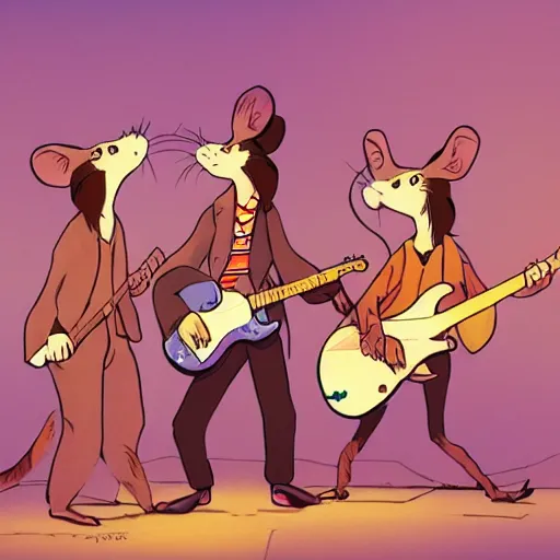 Image similar to rats playing in a rock band inspired by the beatles, beautiful, dreamlike, wholesome, ghibli and disney animation, sharp, intricated, art by ken anderson and mel shaw, bloom, dramatic lighting, brown palette,