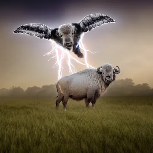 Image similar to buffalo flying with white angelic wings on its back, photograph, beautiful lightning, 4 k