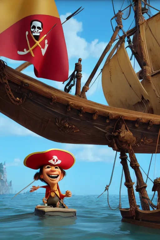 Prompt: a great pirate on his old pirate ship with a pirate flag. pixar disney 4 k 3 d render funny animation movie oscar winning trending on artstation and behance. ratatouille style.