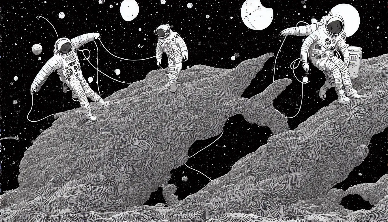 Image similar to man in a space suit by nicolas delort, moebius, victo ngai, josan gonzalez, kilian eng