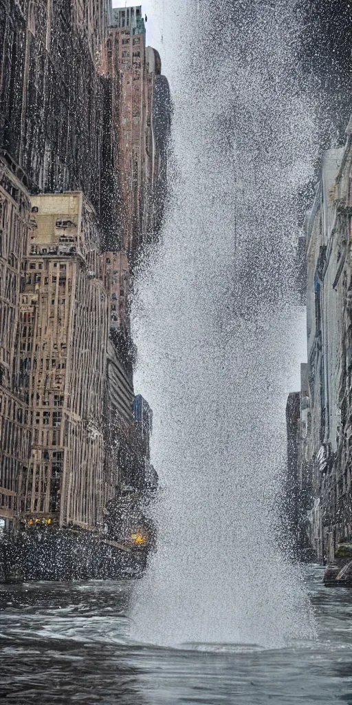 Image similar to water tornado in the city, ultra realistic, photorealistic, highly detailed, sharp focus