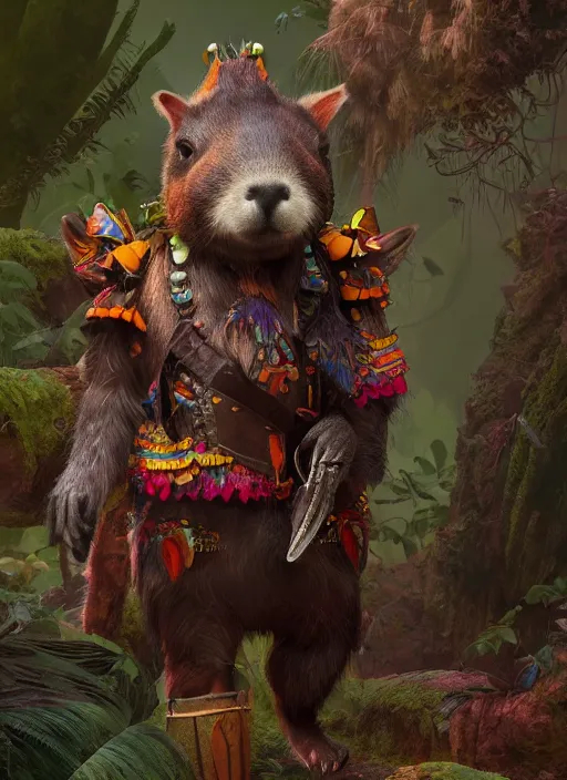 Image similar to detailed full body concept art illustration matte painting of an anthropomorphic capybara forest warrior in full intricate colorful clothing, ultra detailed, digital art, octane render, 8K, dystopian, biomutant, micro details