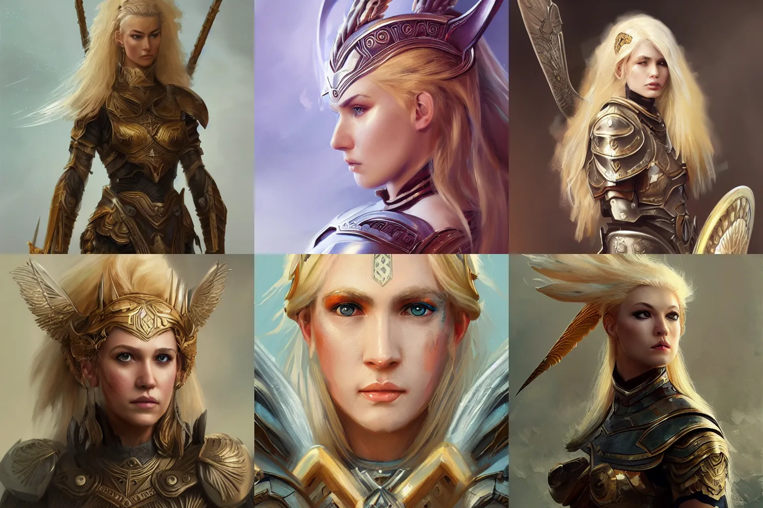 Prompt: a portrait of a Valkyrie with blonde hair wearing ornate armor, painterly, photoshop, artstation, Bo Xun Ling, Evan Lee, Xintong Chen