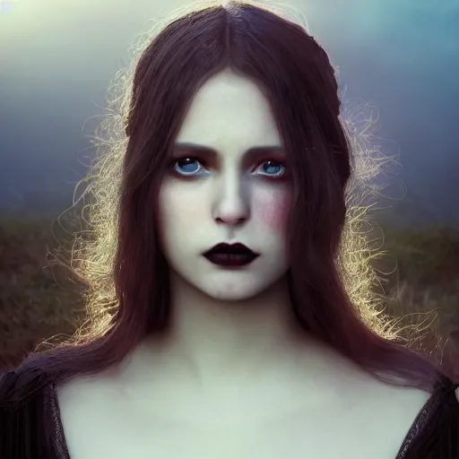 Image similar to photographic portrait of a stunningly beautiful gothic female in soft dreamy light at sunset, by edward robert hughes, annie leibovitz and steve mccurry, david lazar, jimmy nelsson, breathtaking, 8 k resolution, extremely detailed, beautiful, establishing shot, artistic, hyperrealistic, beautiful face, octane render