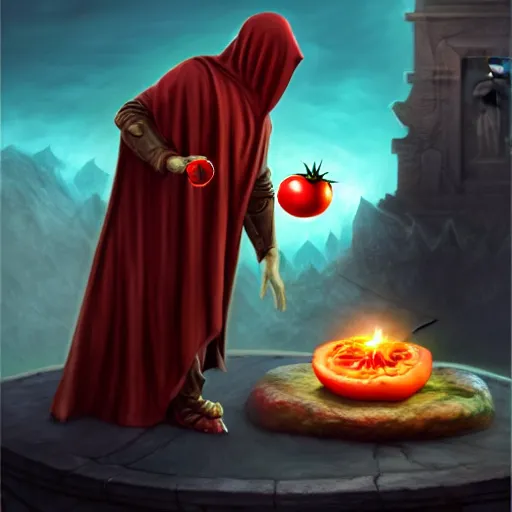 Image similar to a hooded cultist is stabbing a tomato placed on an altar, in front of a stone statue of a forgotten god, by patrick mcenvoy and michael komarck and fantasy flight, incredible quality, trending on artstation