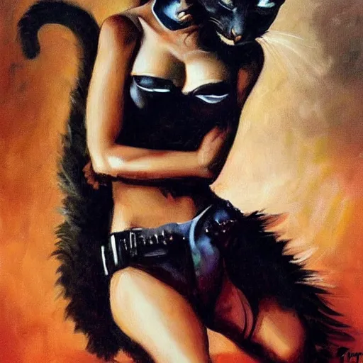 Prompt: ultra realistic portrait painting of nina dobrev as a cat burglar, art by frank frazetta, 4 k, ultra realistic, highly detailed, epic lighting.