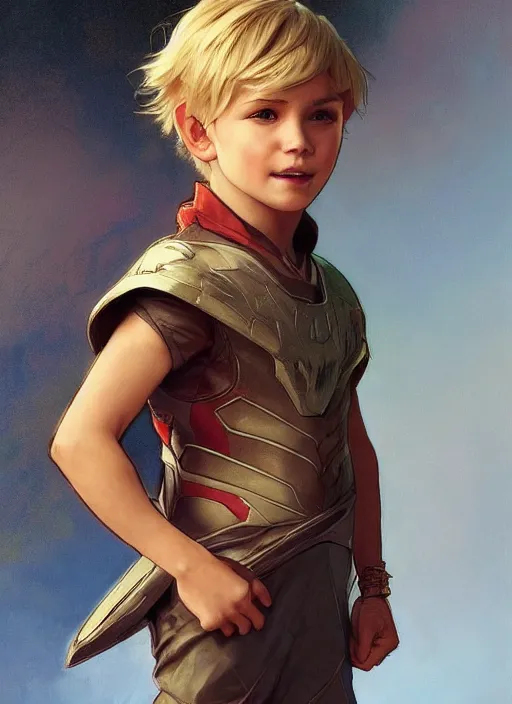 Prompt: a little boy with short straight blonde hair. he is dino boy. he is wearing a dinosaur themed superhero costume. clean elegant painting, beautiful detailed face. by artgerm and greg rutkowski and alphonse mucha