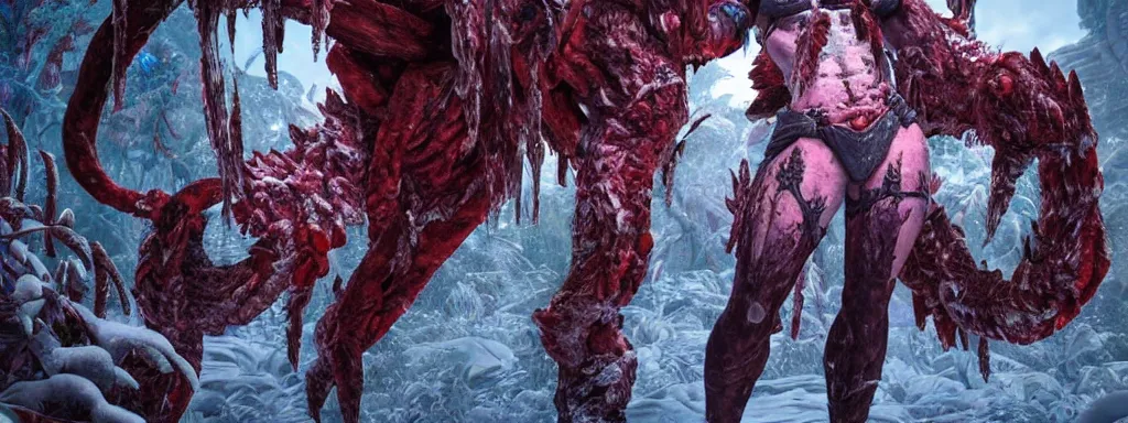 Image similar to muscular frosty warrior woman made of ice, walking in a dense alien snow covered frosty jungle, with snow covered colourful red, blue and purple plants, large vines, snow covered arched organic rock structures, in the style of monster hunter world, like concept art on artstation, hyperdetailed, vray render, octane render,