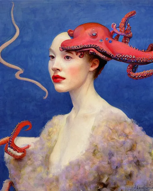 Image similar to a beautiful girl wearing an octopus as a hat, painted by edgar maxence, edward hopper, wayne barlowe and james gilleard, airbrush, art by jamesjean