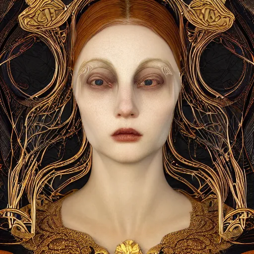 Image similar to a beautiful girl made of ivory and gold, highly intricate, digital art, very detailed, in the style of a weird and dark eerie liminal art nouveau flemish painting, 8k, octane render