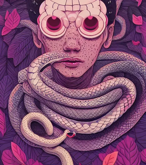 Prompt: portrait, nightmare anomalies, leaves with snake by miyazaki, violet and pink and white palette, illustration, kenneth blom, mental alchemy, james jean, pablo amaringo, naudline pierre, contemporary art, hyper detailed