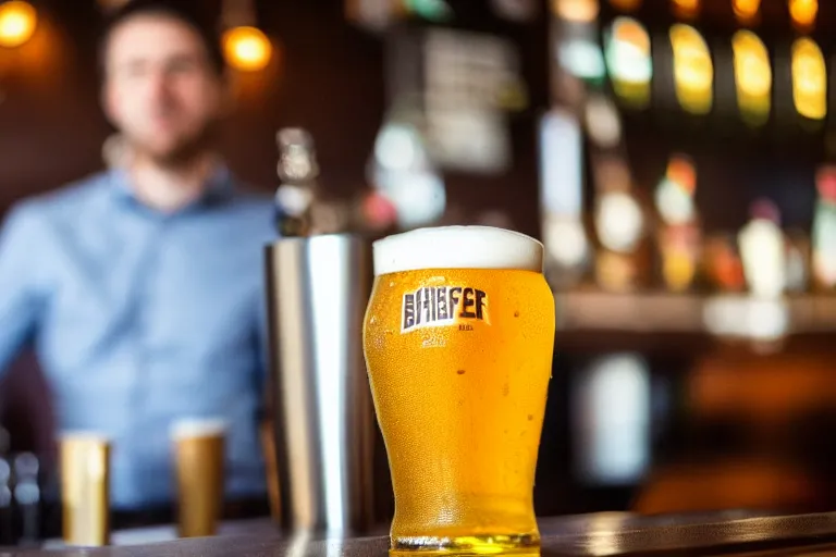 Image similar to a anthropomorphic pint of beer, customer, waits to be served by the bartender