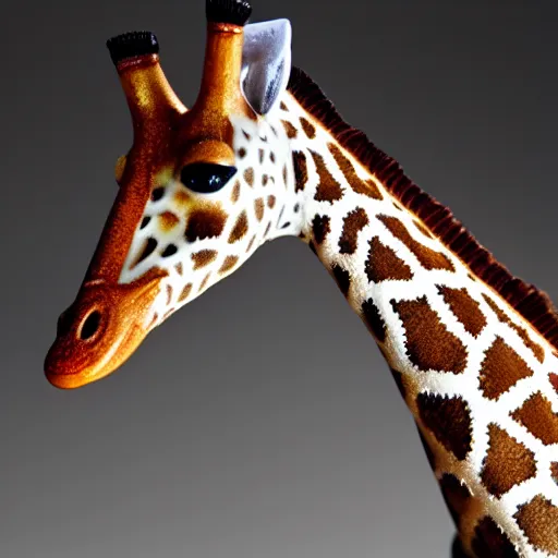 Prompt: photograph of a porcelain giraffe, golden detailing, smooth, glazed, high quality, hd, 8k, sharp focus, studio lighting