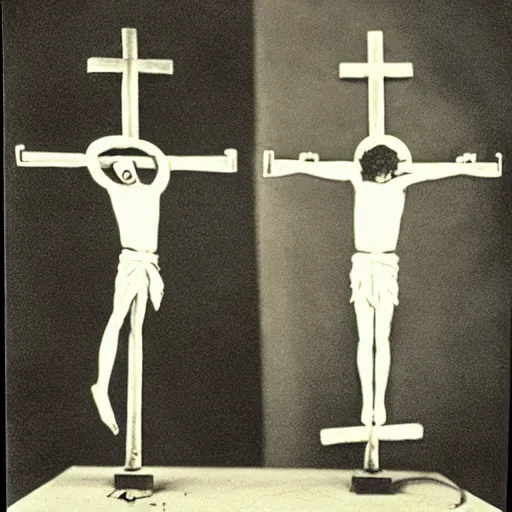 Image similar to an actor crucifies god and satan on an electric cross