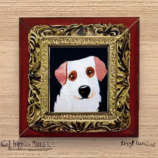 Image similar to painted wooden frame, elegant, 1 9 2 0 s, for a square picture of a happy dog. the frame is ornate and has room for the name tag of the dog. digital art