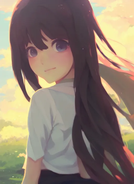 Image similar to portrait of cute girl, cloudy sky background lush landscape illustration concept art anime key visual trending pixiv fanbox by wlop and greg rutkowski and makoto shinkai and studio ghibli