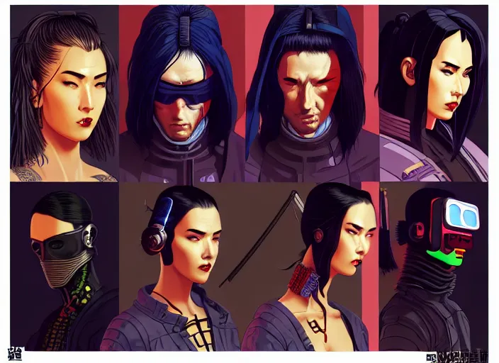 Prompt: cyberpunk samurai assassin squad. portrait by stonehouse and mœbius and will eisner and gil elvgren and pixar. character design. realistic proportions. cyberpunk 2 0 7 7 character art, blade runner 2 0 4 9 concept art. cel shading. attractive face. thick lines. the team. diverse characters. artstationhq.