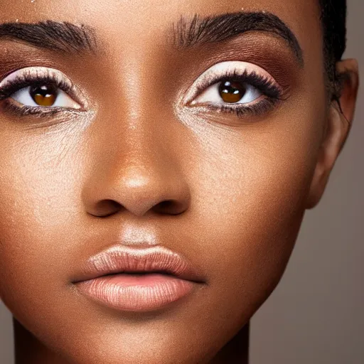 Image similar to a closeup portrait of a black woman with brown hair and brown eyes. Extremely clear and high quality eyes with reflection, realistic face and details, clear lips and high quality