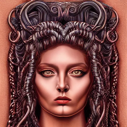 Image similar to symmetrical, detailed portrait color painting of medusa by greg rutowski, rose gold tones, priestess, full body