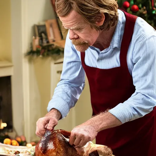 Prompt: William H Macy preparing a turkey at Christmas