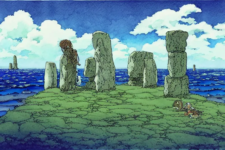 Prompt: a hyperrealist studio ghibli watercolor fantasy concept art. in the foreground is a giant hand lifting a stone. in the background is stonehenge. the scene is underwater on the sea floor. by rebecca guay, michael kaluta, charles vess