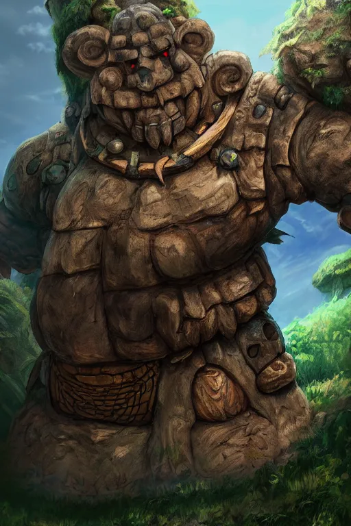 Image similar to zelda fantasy art giant golem troll wood rock greeble gemstone, global illumination ray tracing hdr fanart arstation by sung choi and eric pfeiffer and gabriel garza and casper konefal