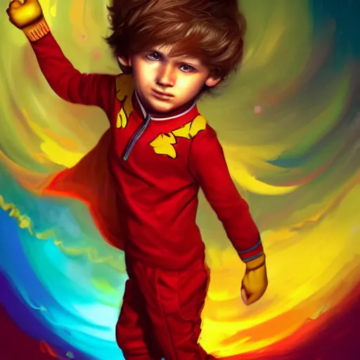 Image similar to colorful and festive captivating young child boy, brown fluffy hair, wearing red and yellow hero suit, shooting a yellow energy sphere out of his fist. full body, rich vivid colors, ambient lighting, dynamic lighting, 4 k, atmospheric lighting, painted, intricate, highly detailed by charlie bowater