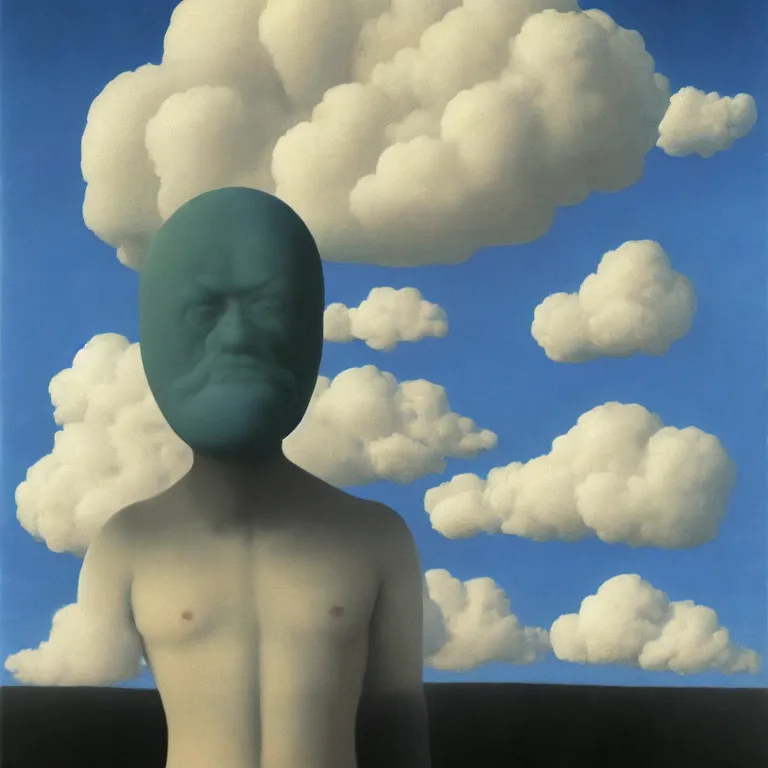 Image similar to cloud - man, by rene magritte, centered, detailed painting, hd, hq, high resolution, high detail, 4 k, 8 k